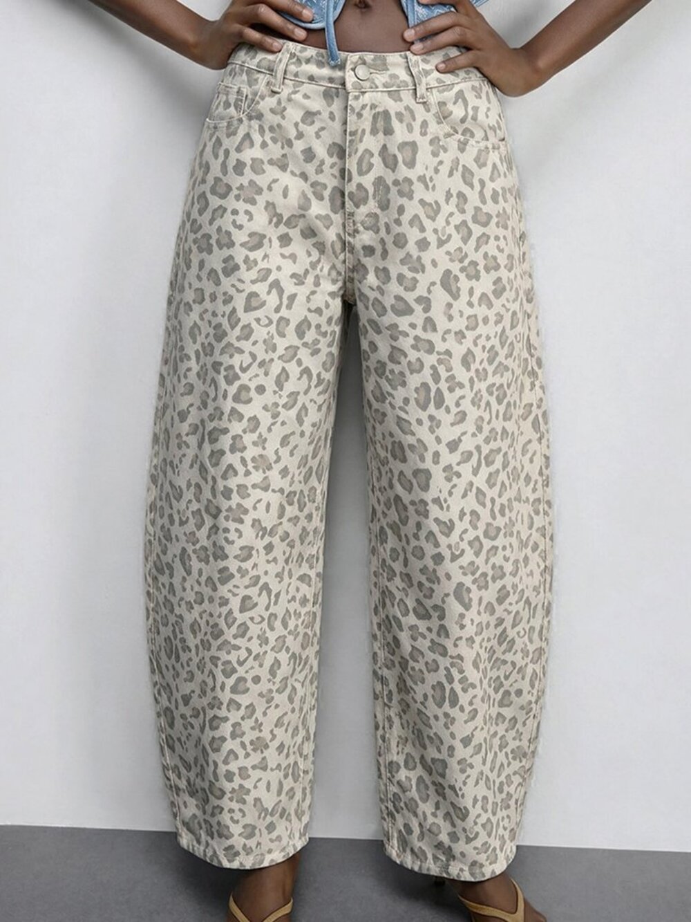 Multicolor Casual Women's Leopard Print Pocket Tapered Loose Jeans